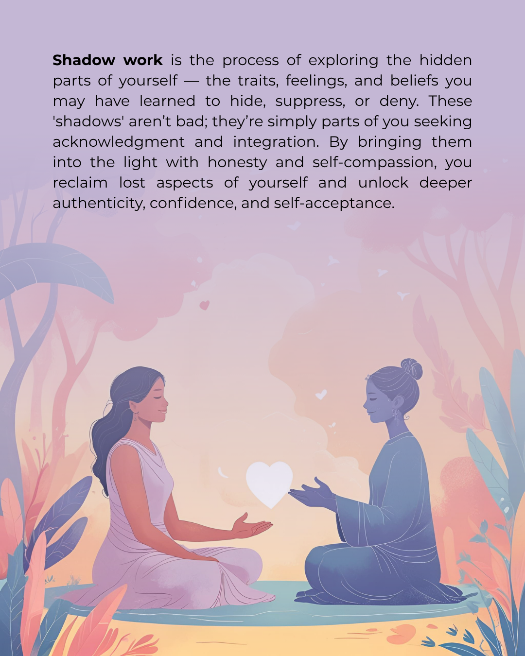 Two women sitting in a garden with a glowing heart, surrounded by nature.